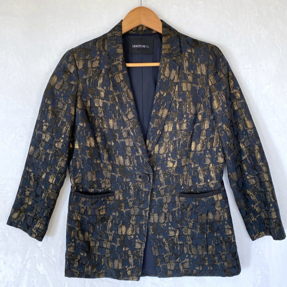 LAFAYETTE 148 NEW YORK Womens Metallic Brocade Blazer Jacket Black Metallic Gold